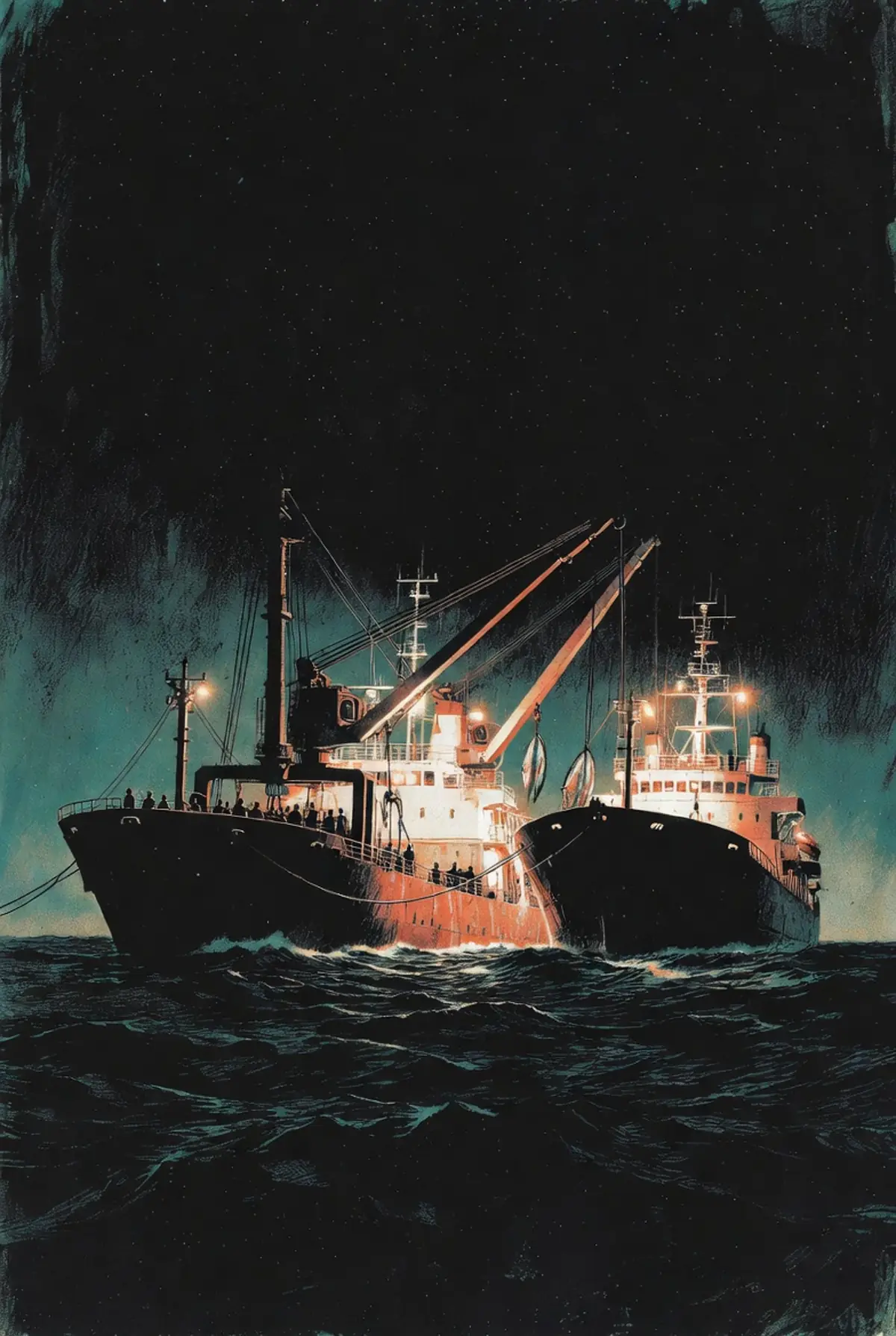 Ilustrasi dua kapal merapat di tengah laut memindahkan muatan pada malam hari.