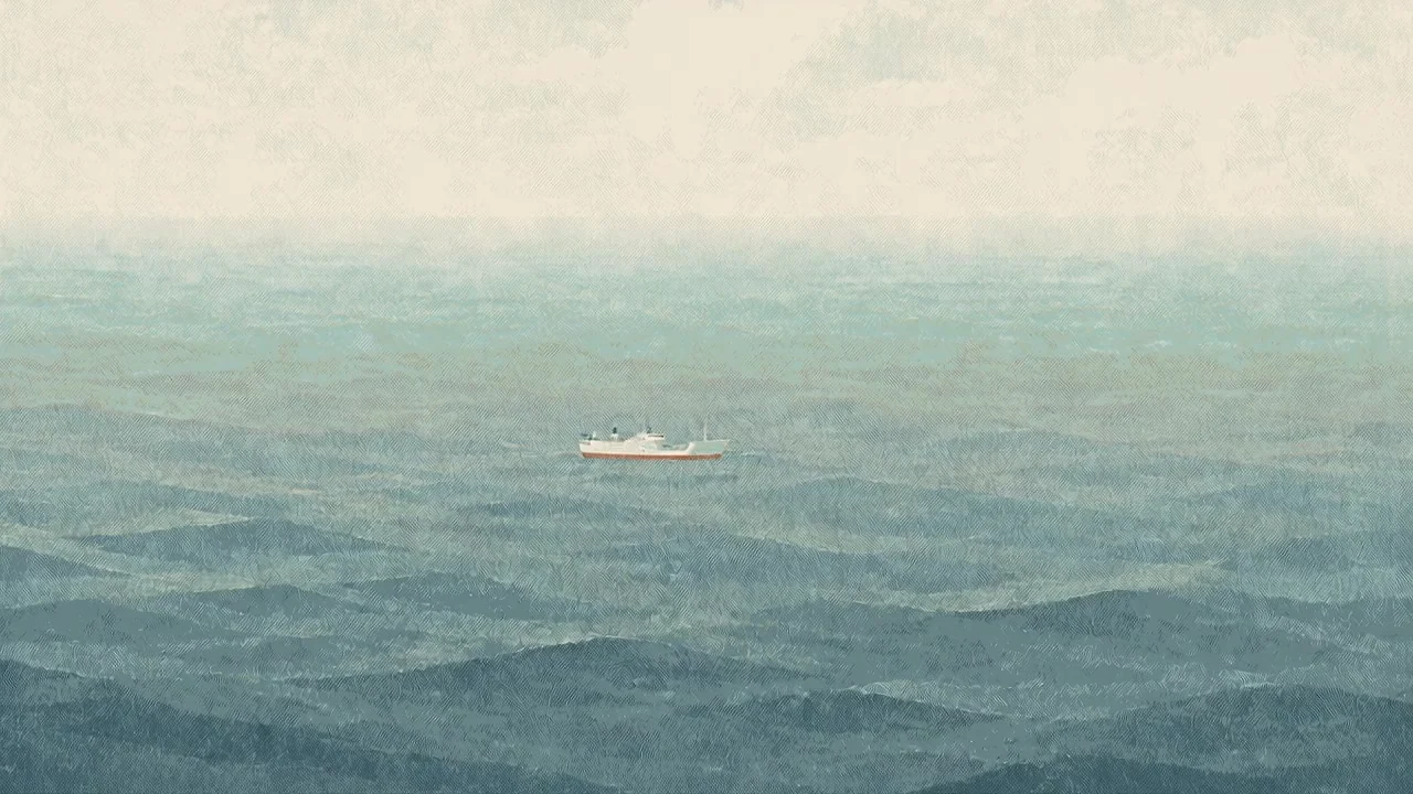 Rekonstruksi pelayaran: kapal penangkap ikan di laut lepas, lalu seorang awak menampung air dari pipa pembuangan mesin pendingin.